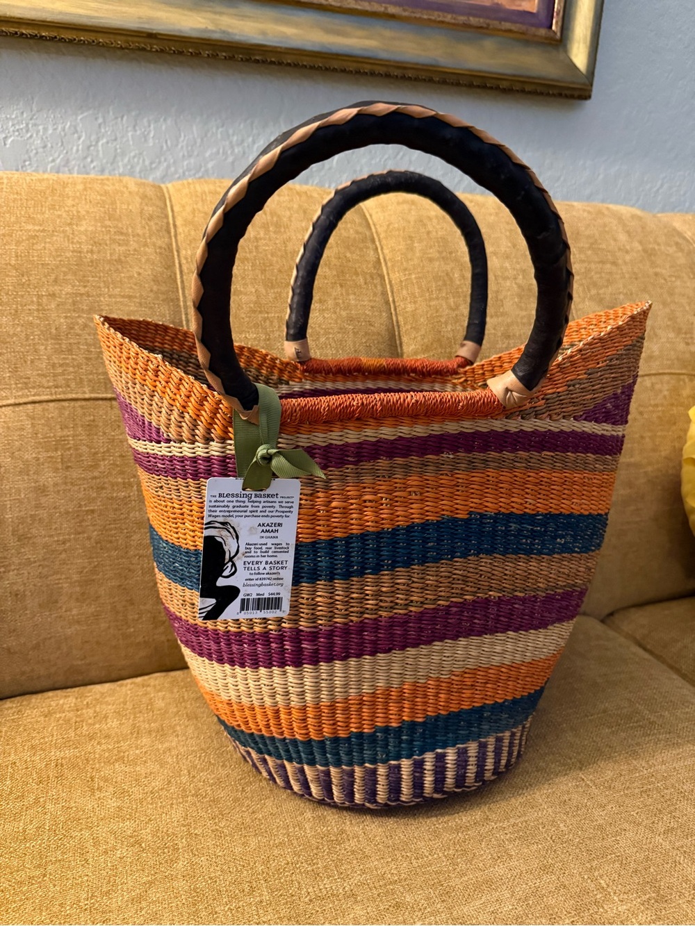 Akazeri Ahmah Apatterned basket, African woven market bag,orange blue purple NEW - Picture 2 of 8
